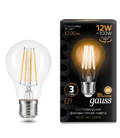 Лампа светодиодная филаментная Gauss E27 12W 2700K груша прозрачная 102902112