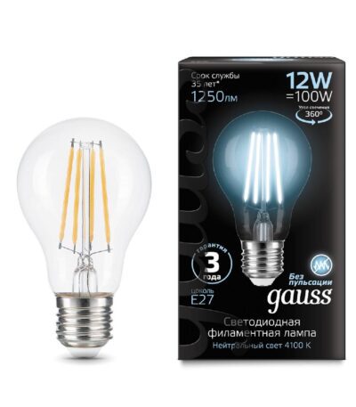 Лампа светодиодная филаментная Gauss E27 12W 4100K груша прозрачная 102902212