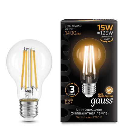 Лампа светодиодная филаментная Gauss E27 15W 2700K груша прозрачная 102902115