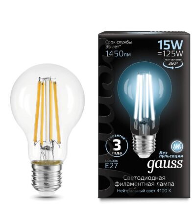 Лампа светодиодная филаментная Gauss E27 15W 4100K груша прозрачная 102902215