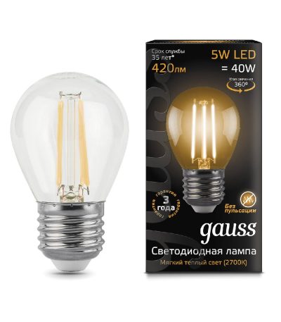 Лампа светодиодная филаментная Gauss E27 5W 2700K прозрачная 105802105