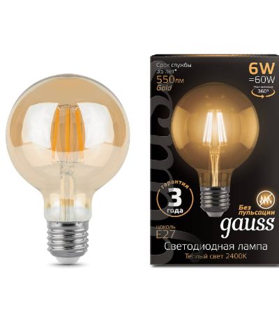 Лампа светодиодная филаментная Gauss E27 6W 2400K прозрачная 105802006