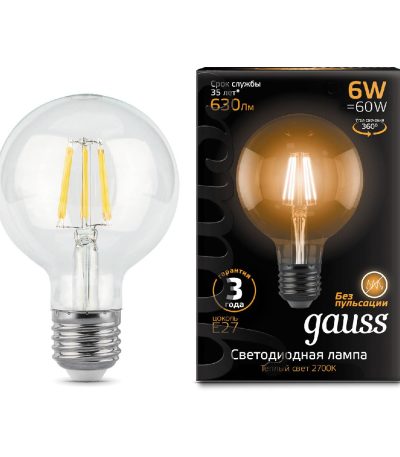 Лампа светодиодная филаментная Gauss E27 6W 2700K прозрачная 105802106