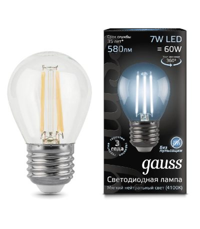 Лампа светодиодная филаментная Gauss E27 7W 4100К прозрачная 105802207