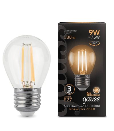 Лампа светодиодная филаментная Gauss E27 9W 2700K прозрачная 105802109
