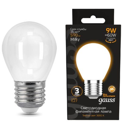 Лампа светодиодная филаментная Gauss E27 9W 3000К матовая 105202109