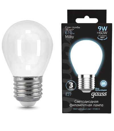 Лампа светодиодная филаментная Gauss E27 9W 4100К матовая 105202209