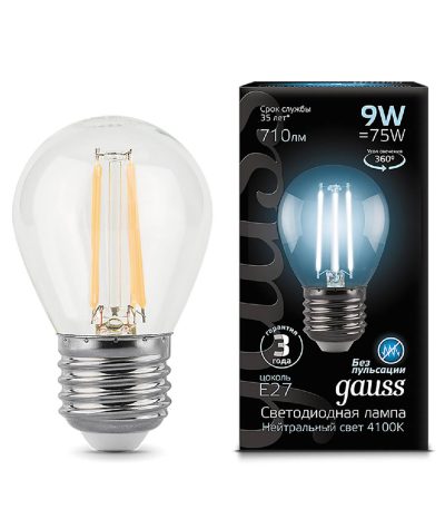 Лампа светодиодная филаментная Gauss E27 9W 4100К прозрачная 105802209