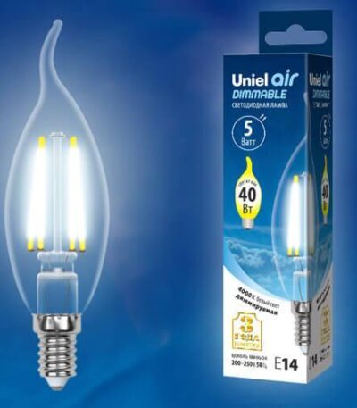 Лампа светодиодная филаментная (UL-00002865) Uniel E14 5W 4000K LED-CW35-5W/NW/E14/CL/DIM GLA01TR