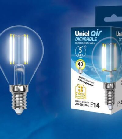 Лампа светодиодная филаментная (UL-00002870) Uniel E14 5W 4000K LED-G45-5W/NW/E14/CL/DIM GLA01TR