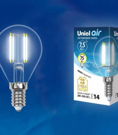 Лампа светодиодная филаментная (UL-00003254) Uniel E14 7,5W 4000K прозрачная LED-G45-7,5W/NW/E14/CL GLA01TR