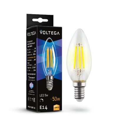 Лампа светодиодная филаментная Voltega E14 5W 3000K свеча прозрачная 7200