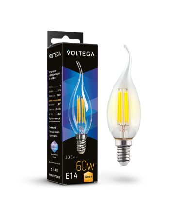 Лампа светодиодная филаментная Voltega E14 6W 3000K свеча на ветру прозрачная 7209