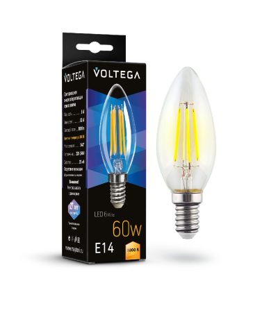 Лампа светодиодная филаментная Voltega E14 6W 3000K свеча прозрачная 7198