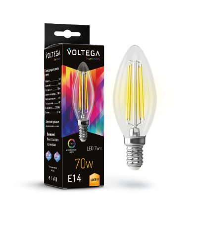 Лампа светодиодная филаментная Voltega E14 6W 3000K свеча прозрачная 7216