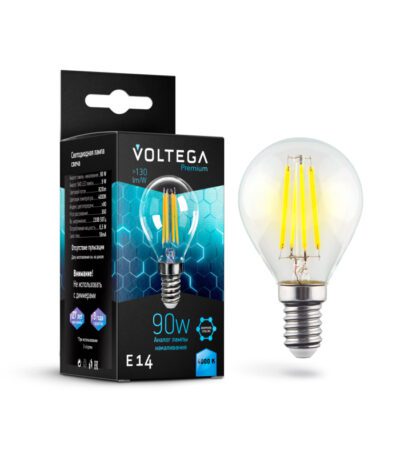 Лампа светодиодная филаментная Voltega E14 9W 4000K шар прозрачный VG10-G45E14cold9W-F 7137