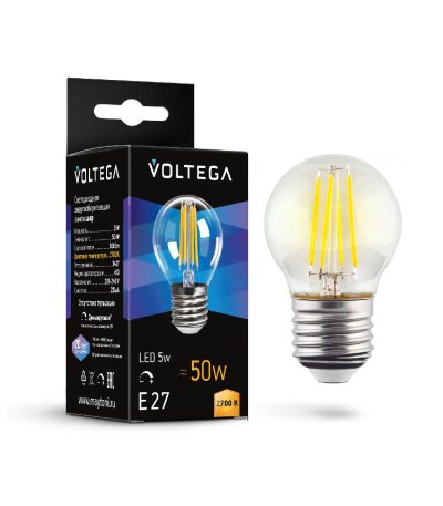 Лампа светодиодная филаментная Voltega E27 5W 2700K шар прозрачный 7201