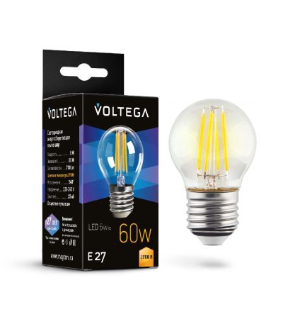 Лампа светодиодная филаментная Voltega E27 6W 2700K шар прозрачный 7214