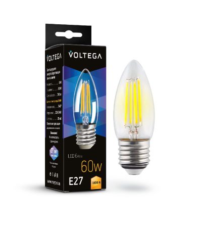 Лампа светодиодная филаментная Voltega E27 6W 3000K свеча прозрачная 7208