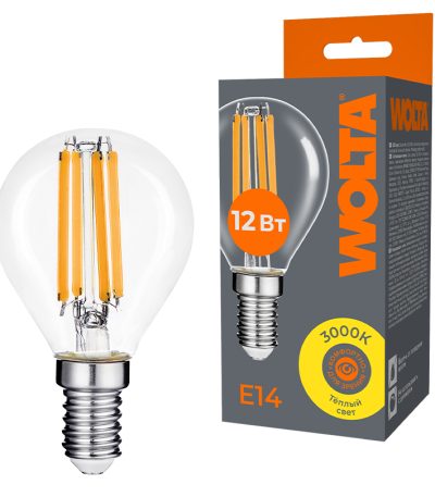 Лампа светодиодная филаментная WOLTA 12Вт 3000K Е14 шар прозрачный WF-G45-12W3KE14