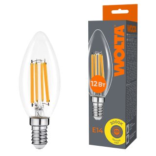 Лампа светодиодная филаментная WOLTA 12Вт 3000K Е14 свеча прозрачная WF-C35-12W3KE14