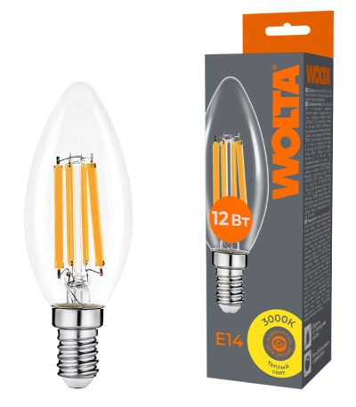 Лампа светодиодная филаментная WOLTA 12Вт 3000K Е14 свеча прозрачная WF-C35-12W3KE14
