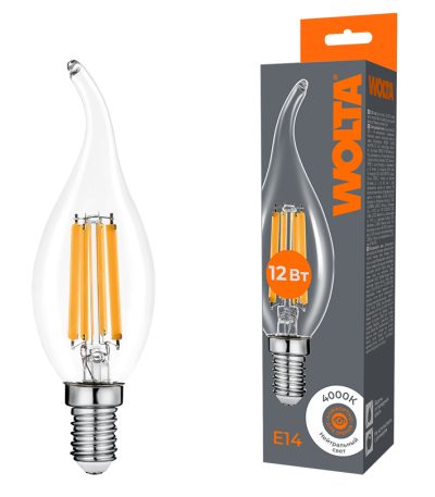 Лампа светодиодная филаментная WOLTA 12Вт 4000K Е14 свеча на ветру прозрачная WF-CT35-12W4KE14