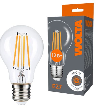 Лампа светодиодная филаментная WOLTA 12Вт 4000K Е27 груша прозрачная WF-A60-12W4KE27