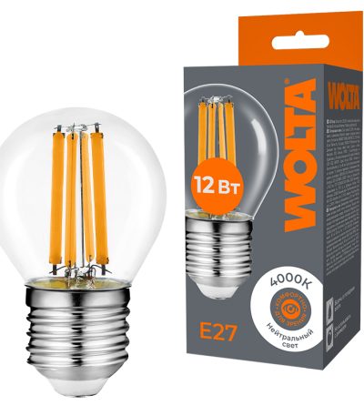 Лампа светодиодная филаментная WOLTA 12Вт 4000K Е27 шар прозрачный WF-G45-12W4KE27