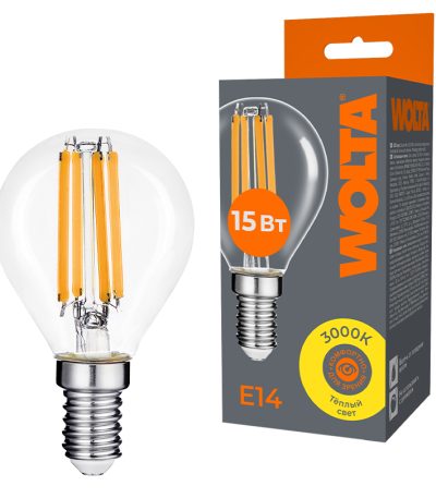 Лампа светодиодная филаментная WOLTA 15Вт 3000K Е14 шар прозрачный WF-G45-15W3KE14