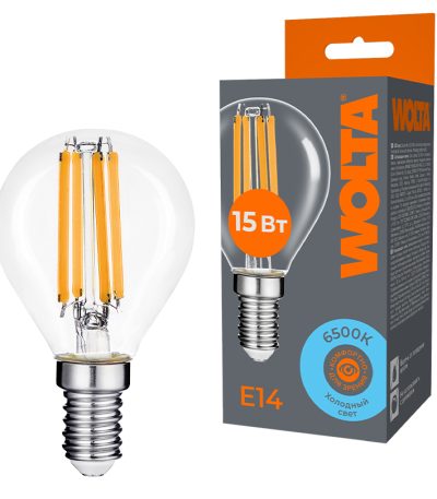 Лампа светодиодная филаментная WOLTA 15Вт 6500K Е14 шар прозрачный WF-G45-15W6KE14