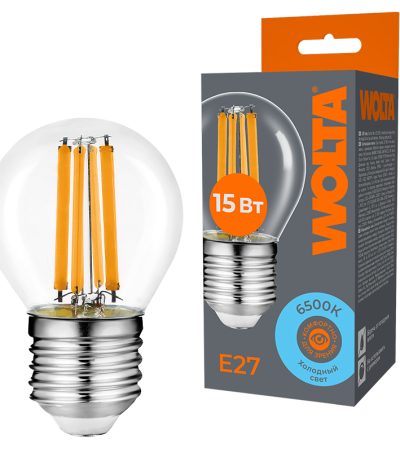 Лампа светодиодная филаментная WOLTA 15Вт 6500K Е27 шар прозрачный WF-G45-15W6KE27