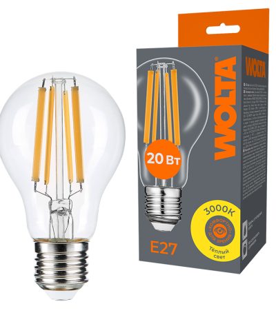 Лампа светодиодная филаментная WOLTA 20Вт 3000K Е27 груша прозрачная WF-A60-20W3KE27