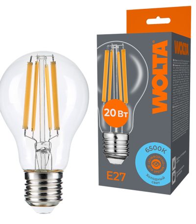 Лампа светодиодная филаментная WOLTA 20Вт 6500K Е27 груша прозрачная WF-A60-20W6KE27