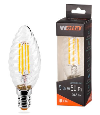 Лампа светодиодная филаментная WOLTA 5Вт 4000K Е14 свеча прозрачная 25SCTFT5E14