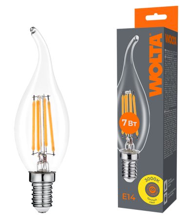 Лампа светодиодная филаментная WOLTA 7Вт 3000K Е14 свеча на ветру прозрачная WF-CT35-7W3KE14