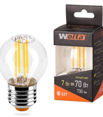 Лампа светодиодная филаментная WOLTA 7Вт 3000K Е27 шар прозрачный 25Y45GLFT7E27