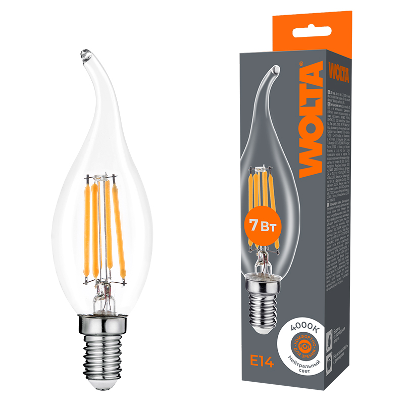 Лампа светодиодная филаментная WOLTA 7Вт 4000K Е14 свеча на ветру прозрачная WF-CT35-7W4KE14