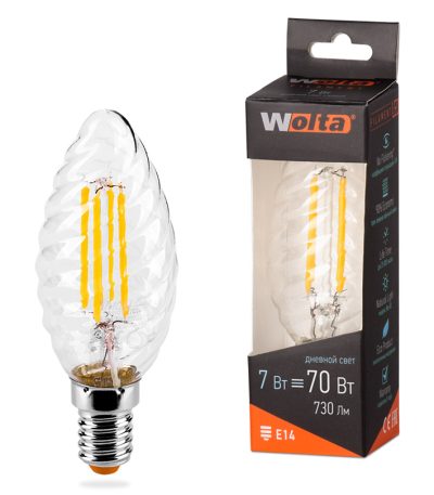 Лампа светодиодная филаментная WOLTA 7Вт 4000K Е14 свеча прозрачная 25SCTFT7E14