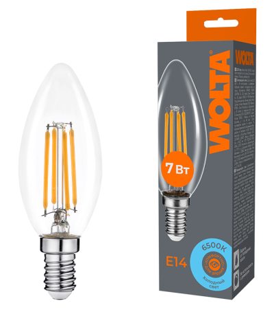 Лампа светодиодная филаментная WOLTA 7Вт 6500K Е14 свеча прозрачная WF-C35-7W6KE14