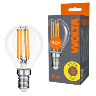 Лампа светодиодная филаментная WOLTA 9Вт 3000K Е14 шар прозрачный WF-G45-9W3KE14