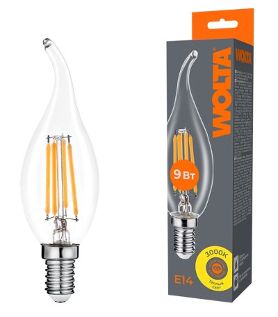 Лампа светодиодная филаментная WOLTA 9Вт 3000K Е14 свеча на ветру прозрачная WF-CT35-9W3KE14