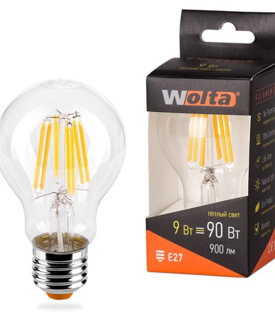 Лампа светодиодная филаментная WOLTA 9Вт 3000K Е27 груша прозрачная 25Y60BLFT9E27