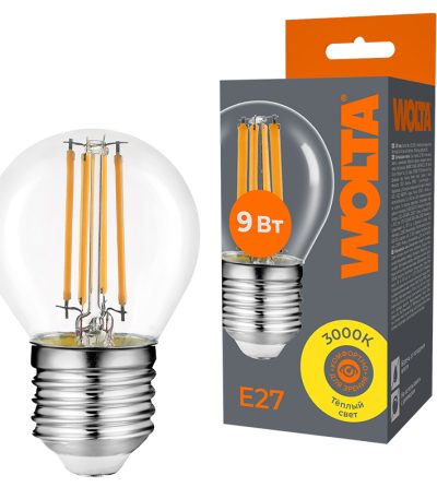 Лампа светодиодная филаментная WOLTA 9Вт 3000K Е27 шар прозрачный WF-G45-9W3KE27