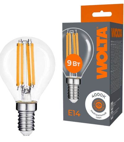 Лампа светодиодная филаментная WOLTA 9Вт 4000K Е14 шар прозрачный WF-G45-9W4KE14