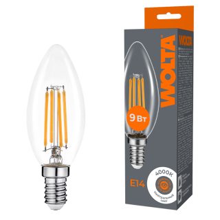 Лампа светодиодная филаментная WOLTA 9Вт 4000K Е14 свеча прозрачная WF-C35-9W4KE14