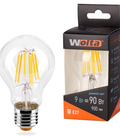 Лампа светодиодная филаментная WOLTA 9Вт 4000K Е27 груша прозрачная 25S60BLFT9E27
