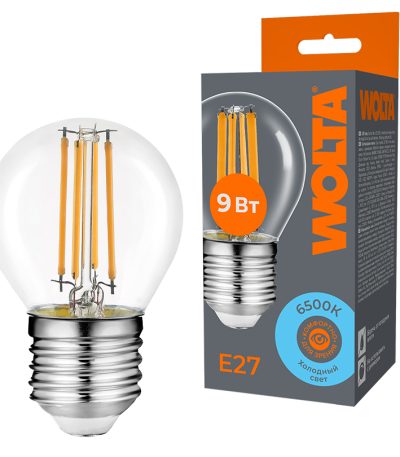Лампа светодиодная филаментная WOLTA 9Вт 6500K Е27 шар прозрачный WF-G45-9W6KE27
