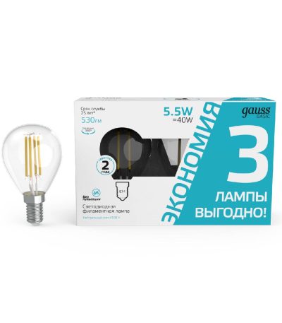Лампа светодиодная Gauss Basic Filament E14 5,5W 4100K 1051126T