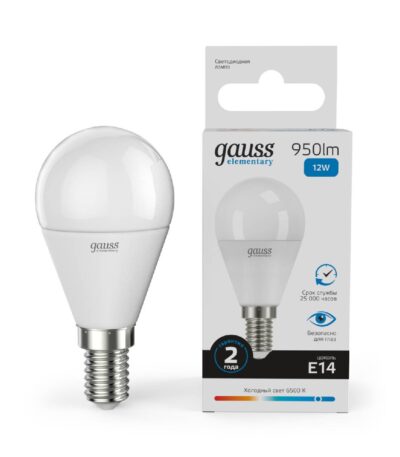 Лампа светодиодная Gauss E14 12W 6500K шар матовый 53132